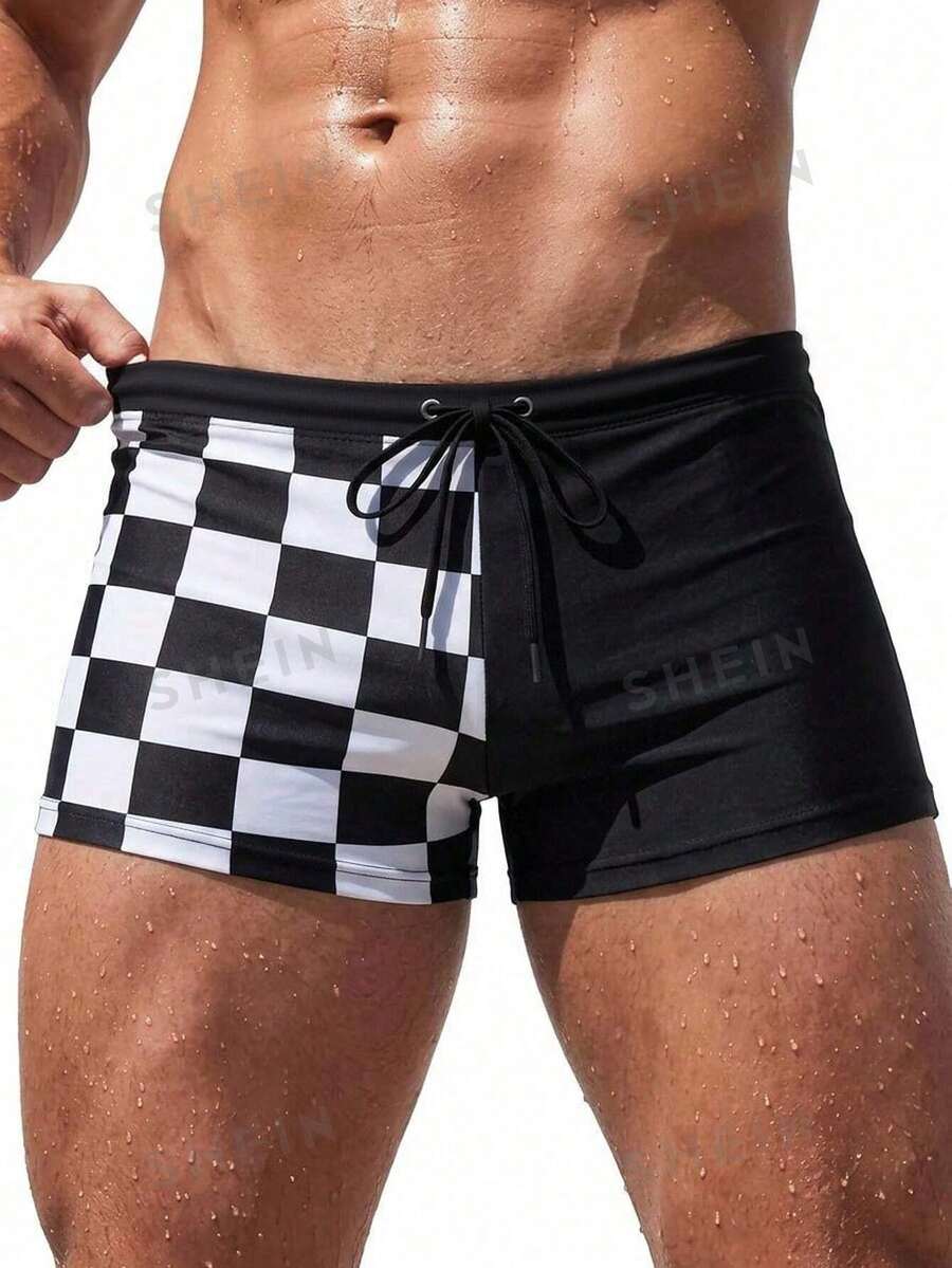 Surfspeed 2026 New Spring/Summer Men's Colorblock Plaid Pattern Elastic Waist Comfortable Casual Sexy Beach Party Square Swim Trunks Black - Black and White - View 1