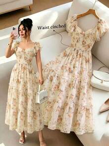 Selianne Spring/Summer Romantic Elegant Vintage Fashion Floral Flower Print Square Neck Petal Sleeve Cinched Waist Multi-Layer Hem Women's Dress For Vacation And Commute - Light Yellow - View 1