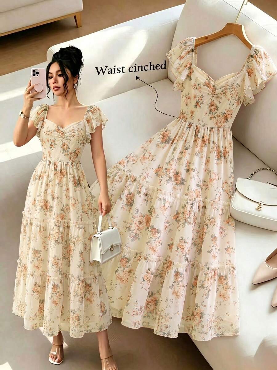Selianne Spring/Summer Romantic Elegant Vintage Fashion Floral Flower Print Square Neck Petal Sleeve Cinched Waist Multi-Layer Hem Women's Dress For Vacation And Commute - Light Yellow - View 1