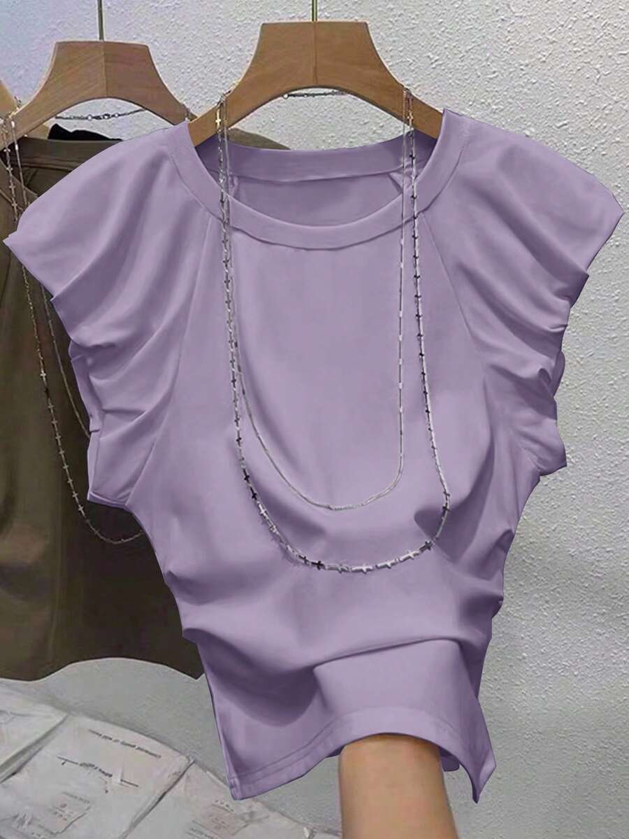 Franclia 女士圆领短袖休闲纯色褶皱荷叶边灯笼袖夏季T恤上衣,优雅时尚,适合夏季穿着。女士短袖上衣,夏季女士上衣,优雅女士上衣,女士衬衫,新款T恤,最新款女士上衣,女士休闲上衣,优雅 - 紫色 - 查看 1