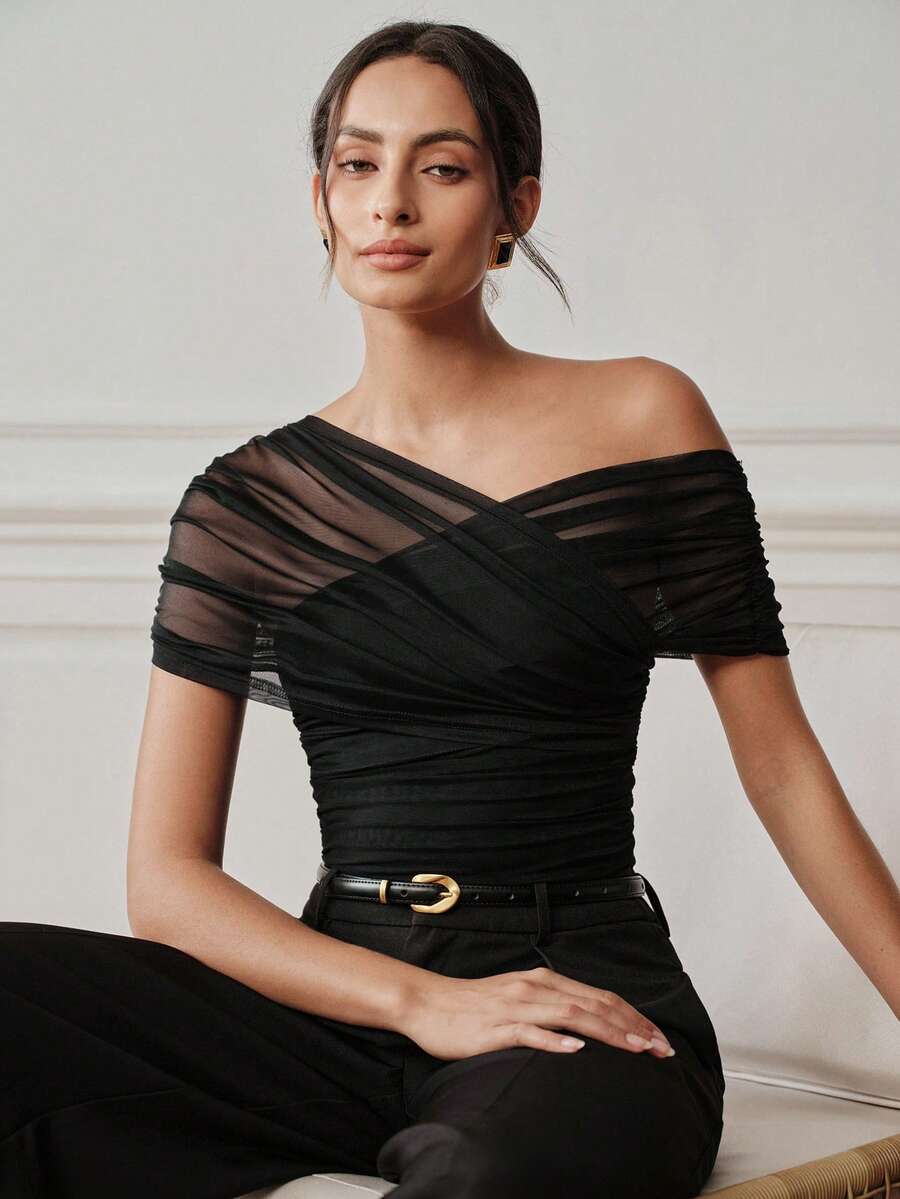 Anewsta Essential Summer Fall Winter Elegant Romantic Chic Sexy Special Date Night Out Party Halloween Wedding Elastic Mesh Ruched Cold Shoulder Women's Bodysuit Black