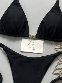 Swim Vcay 女款夏季海灘度假掛脖性感丁字比基尼套裝，珠飾裝飾，女性節慶穿搭，度假穿搭，海灘穿搭，黑色上衣 - 黑色 - 查看 3