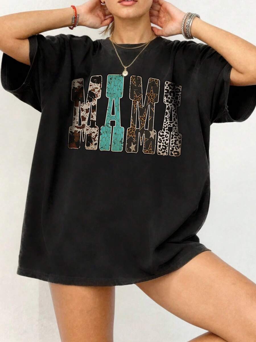 EMERY ROSE Western Wind Leopard Pattern Snake Pattern MAMA Printed Casual Plus Size T-Shirt - Black - View 1