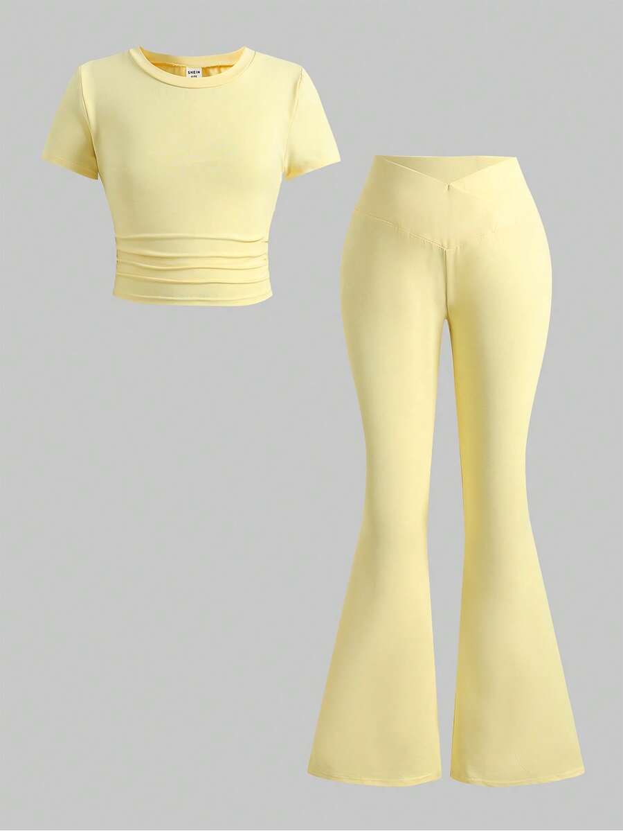 SHEIN Tween Girl Tween Girl Casual Daily Fitted Yellow Ruched Round Neck Top And Ruched Waist Flared Pants Set - Yellow - View 1