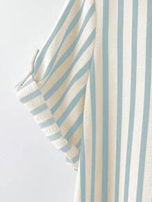 SHEIN Tall CURVE 大尺碼女款法式休閒夏季短袖V領長版洋裝 - 天藍色 - 查看 3