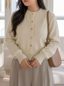 Dazy Plus Solid Color Casual Round Neck Elegant Versatile Cardigan Knit Sweater Autumn/Winter - Apricot - View 7