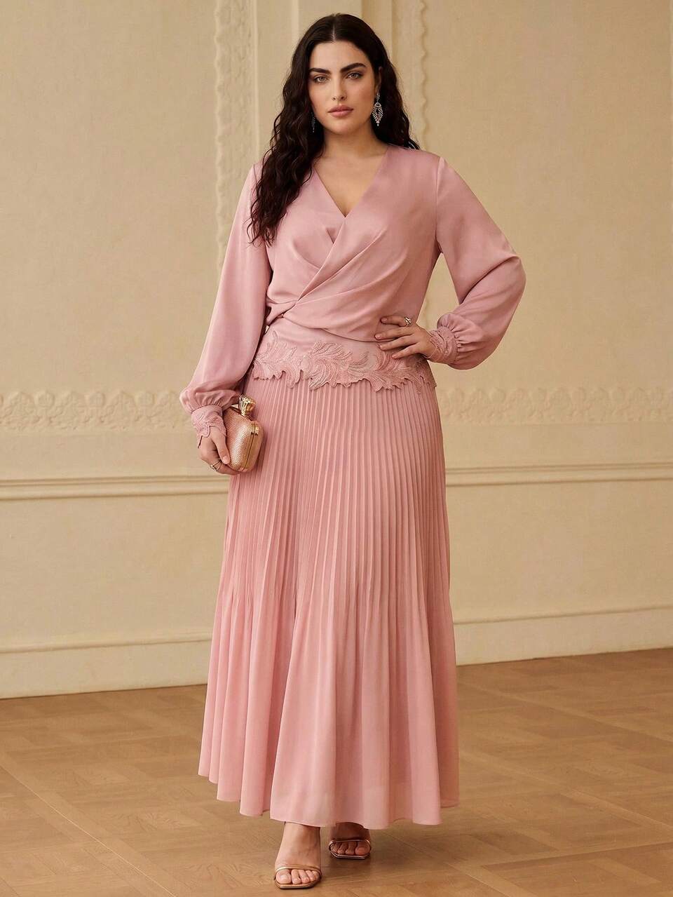 ZEYLAH Plus Size Women's Solid Color V-Neck Pleated Casual Party Dress Fall