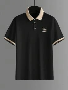 Calvornis 男士大尺碼休閒短袖 Polo 衫，羅紋領口，刺繡設計，珠地布料 - 黑色 - 查看 4