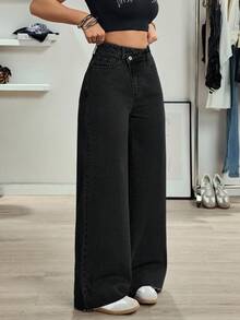 SHEIN Tall 女款高個子休閒百搭設計高腰直筒牛仔褲 - 黑色 - 查看 6