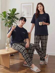 DAZY 男士夏季字母印花T恤和格子短裤两件套睡衣套装 - 藏蓝色 - 查看 8