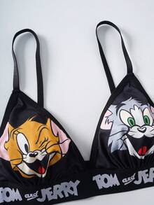 TOM & JERRY X SHEIN 女款卡通印花休閒舒適內衣套裝 - 黑色 - 查看 4