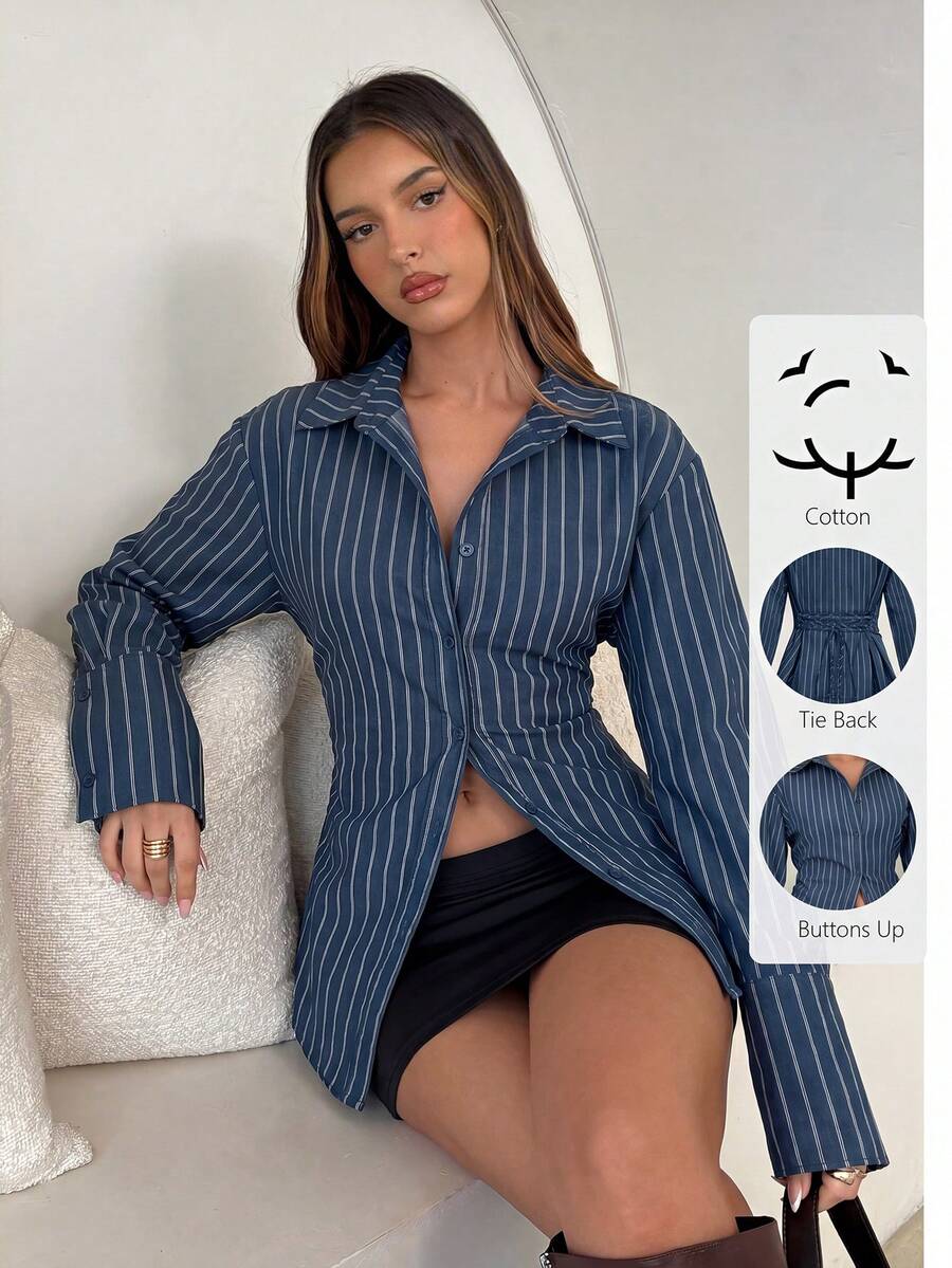 Aloruh 女款優雅休閒藍白條紋鈕扣收腰襯衫,秋季上班通勤上衣 - 藏蓝色 - 查看 1