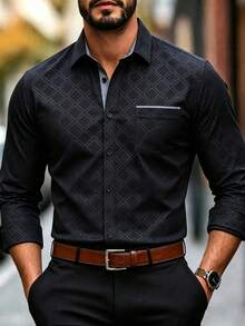 Manfinity Mode Men's Black Dark Grid Embossed Contrast Color Patchwork Casual Business Mature Fit Long Sleeve Shirt - Black - View 3