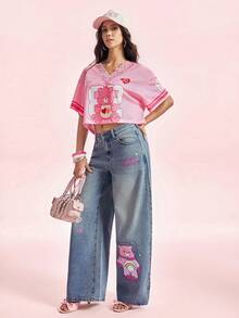SHEIN X Care Bears 女款休閒日常牛仔褲，附口袋、鈕扣與卡通圖案 - 藍色 - 查看 8