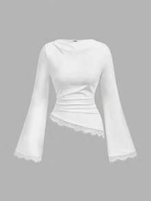 SHEIN MOD 女款優雅純色蕾絲拼接不對稱下擺喇叭袖T恤 - 白色 - 查看 3