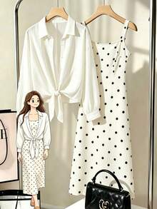 Franclia Elegant French Vacation Brunch Women 2 Pieces Set, Tie-Neck Lapel Long Sleeve Textured Shirt White Black Polka Dot Cami Dress Autumn - Beige - View 1