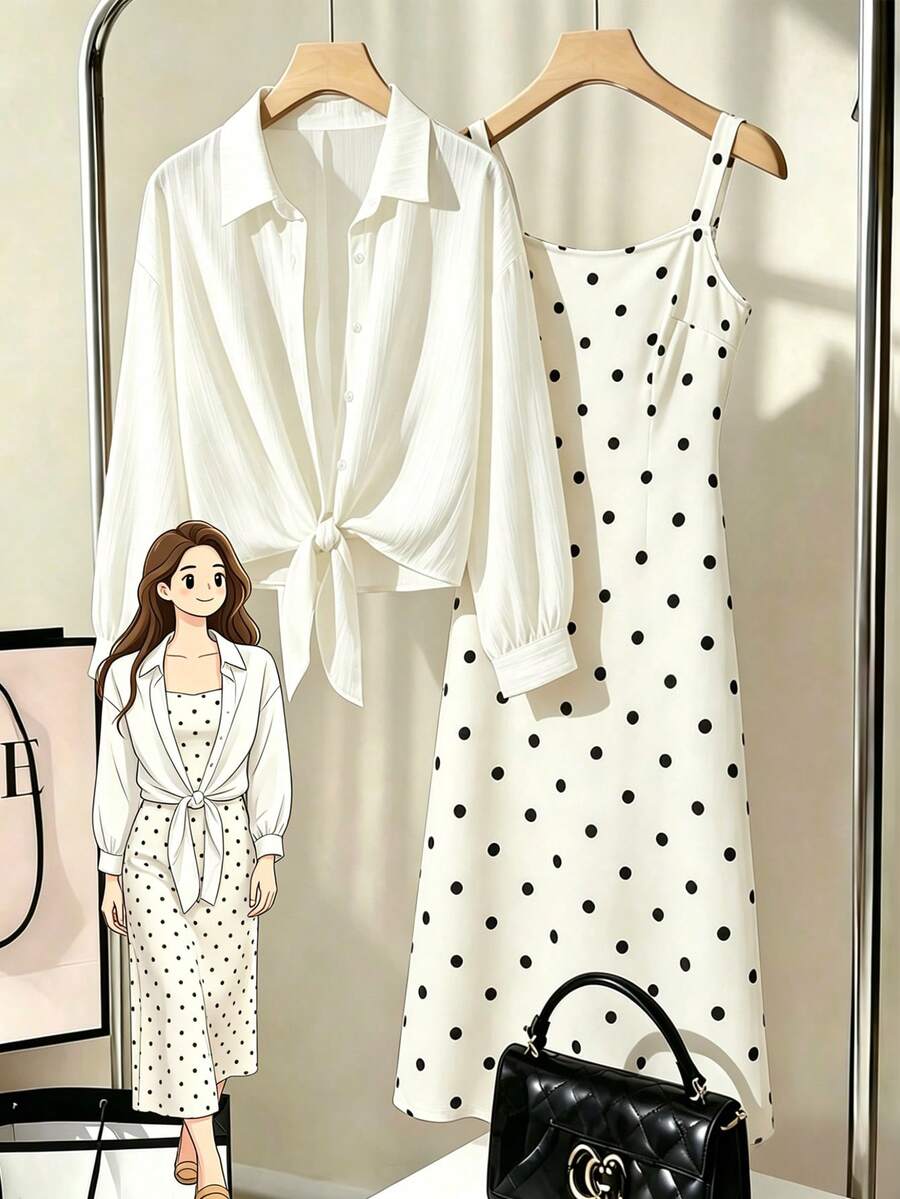Franclia Elegant French Vacation Brunch Women 2 Pieces Set, Tie-Neck Lapel Long Sleeve Textured Shirt White Black Polka Dot Cami Dress Autumn - Beige - View 1