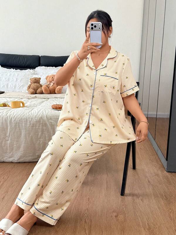 Napfluff CURVE Napfluff CURVE Plaid Lemon Bubble Crinkle Trim Front-Opening Plus Size Women's Pajama Set