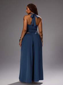 Rustia Plus Size Women's Striped 2 Pieces Set, Blue And White Striped Vest And Wide Leg Pants, Casual Sexy Commute Fashion Going Out Vacation Summer - Blue - View 2