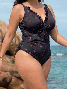 Swim Lushoire 大尺碼女款連身泳衣，飾有荷葉邊、蝴蝶結與抓皺腰部，休閒度假風 - 彩色 - 查看 5