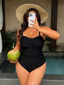 SHEIN Swim 大尺碼 2026 春夏熱銷純色連身泳衣，可拆式胸墊杯、可拆式肩帶，性感優雅抹胸沙灘泳衣，黑色 - 黑色 - 查看 5
