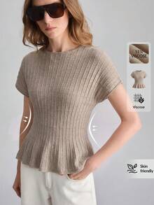 Ontre Women's Solid Color Round Neck Batwing Short Sleeve Cinched Waist Ruffle Hem Knit Top - Mocha Brown - View 7