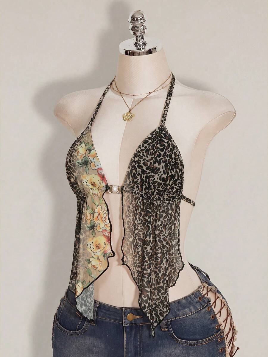 SHEIN ICON 女款豹紋花卉掛脖上衣 - 彩色 - 查看 1