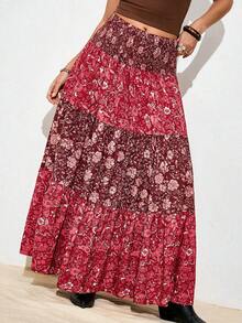 Nubod Plus Size Patchwork Waist Floral Print Casual Vacation Skirt For Women - Multicolor - View 3