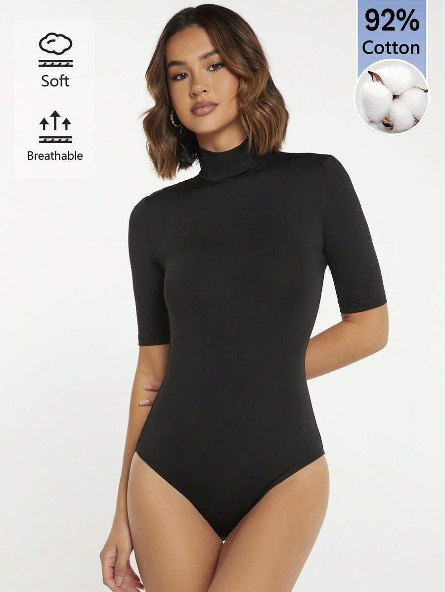SHEIN BASICS 女款休閒百搭純色連身衣,適合日常穿著與通勤 - 黑色 - 查看 1