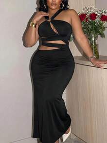 Slaydiva Plus Size Ring Cutout Sleeveless Bodycon Dress, Sexy Elegant Party Club Date Night Evening Dress - Black - View 8