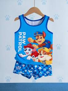 SHEIN | PAW Patrol Young Boy Cartoon Print Round Neck Sleeveless Tank Top And Elastic Waist Shorts 2-Piece Set - Navy Blue - View 3