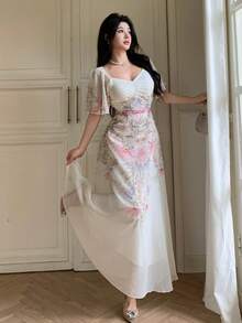 Modelyn 女款雪紡拼接印花蝙蝠袖短袖抓皺夏季甜美洋裝 - 彩色 - 查看 7