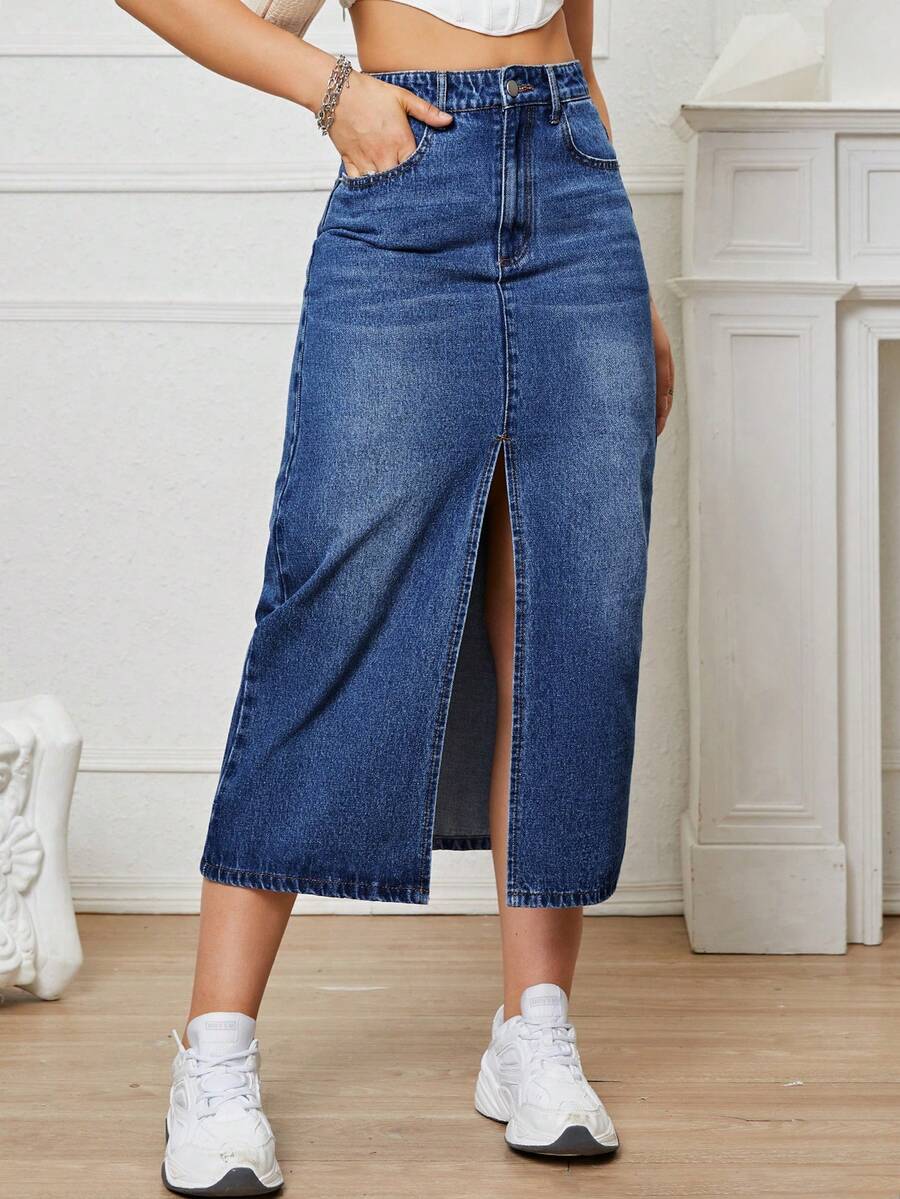 SHEIN EZwear 女款高腰口袋開衩下擺休閒牛仔裙 - 深色水洗藍 - 查看 1