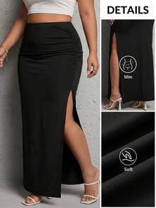 SHEIN PETITE CURVE 大码女式纯色拼接设计休闲百搭约会之夜半身裙 - 黑色 - 查看 9
