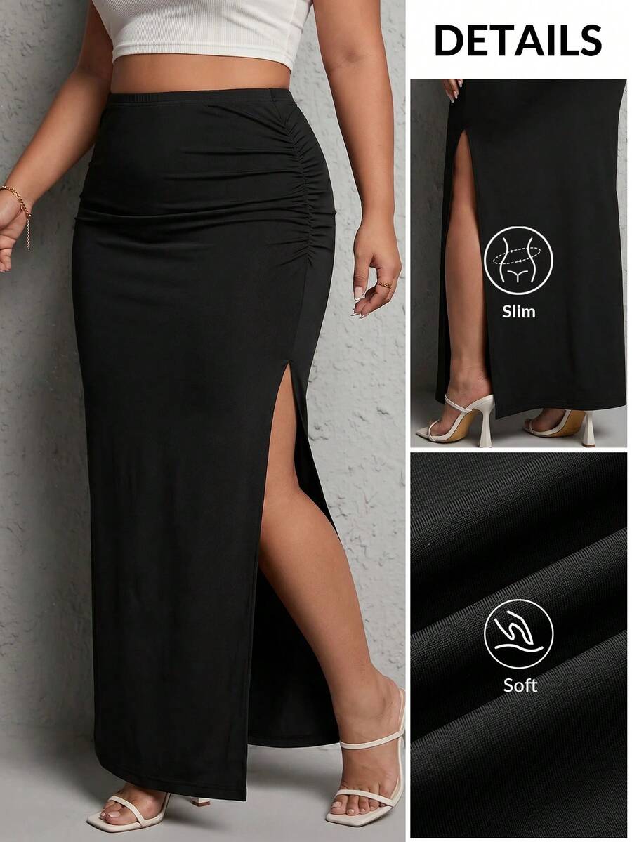 SHEIN PETITE CURVE 大码女式纯色拼接设计休闲百搭约会之夜半身裙 - 黑色 - 查看 1