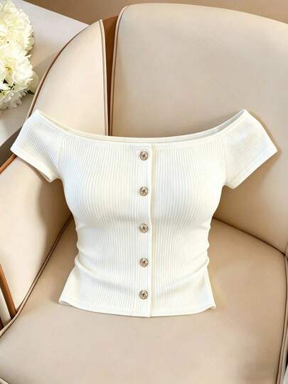Elenzga Blusa elegante de punto acanalado blanco con hombros descubiertos y manga corta, con falsa tapeta y botones, talla grande. Top sofisticado para mujer para salir en verano, blusa blanca casual, atuendo de trabajo, vacaciones y citas.