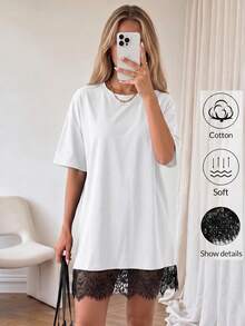 SHEIN 青少年女孩春/夏新款流行時尚休閒白色純色針織蕾絲拼接T恤洋裝 - 黑與白 - 查看 1