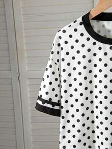 SHEIN 青少年女孩 T-Shirt 與長褲 2 件套，寬鬆休閒極簡針織開學穿搭，復古圓點女孩套裝，白色上衣寬腿褲 - 彩色 - 查看 5