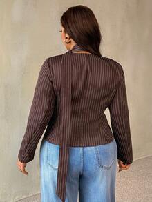 Auralis Plus Size Women's Striped Long Sleeve Single-Breasted Elegant Blazer - Brown - View 3
