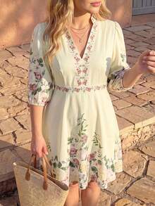 Vivid Eden Plus Size Women's Floral Print Petal Sleeve Elegant Traditional Vacation Dress, Boho Puff 3/4 Sleeve Sundress, Autumn Outfit, Fall Formal Brunch Pink - Beige - View 6