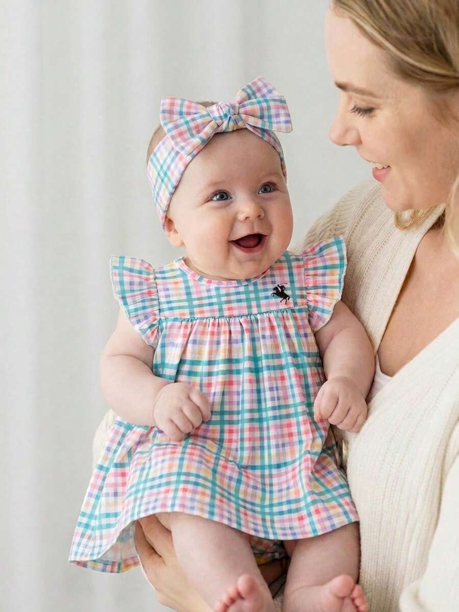 SHEIN 新生兒夏季百搭簡約彩色格紋圓領荷葉袖洋裝