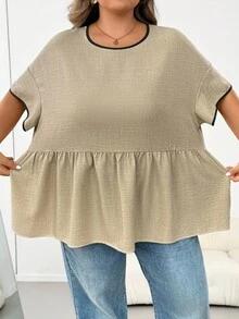 SHEIN CURVE+ Kemeja Kasual Musim Panas Ukuran Besar dengan Trim Kontras - Aprikot - View 7