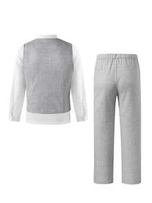 2pcs/Set Grey Striped Slim Fit Vest+Striped Textured Long Trousers,Formal Wear For Birthday Party,Performance,Wedding Season,Black To School - Grey - View 2
