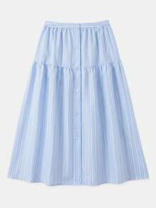 lacRébo Rok midi berpotongan sedang dengan garis-garis biru dan putih, kancing depan, dan panel berkerut untuk liburan musim panas dan kerja. - Biru - View 6