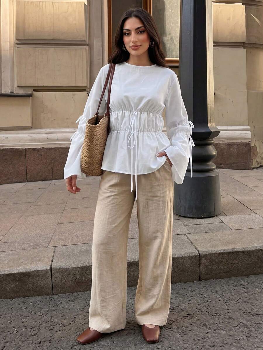 Duskaine Women's Pleated Round Neck Long Sleeve Blouse Office Brunch White Autumn Casual Elegant - White - View 1