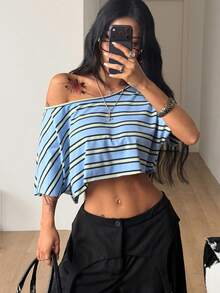 Coolane 女款春夏街頭風 Y2K 日常穿搭圖案不對稱領口短版 T-shirt - 藍色 - 查看 3