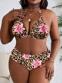Slaydiva 4pcs/Set Plus Size Random Print Halter Neck Split Swimsuit Set For Summer Beach Vacation - Multicolor - View 4