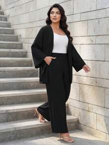 SHEIN Lady CURVE 大尺碼女款兩件套，優雅休閒修身長袖前綁帶上衣與高腰長褲，秋季休閒居家服，黑色度假風 - 黑色 - 查看 6