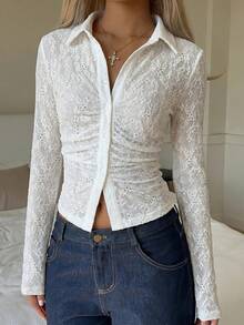 SHEIN EZwear 女款鏤空刺繡長袖單排扣休閒浪漫優雅上衣，白色花卉，適合早午餐、日常、約會，秋季款 - 白色 - 查看 3