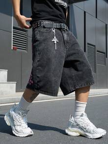 Manfinity Roghcode Men's Street Fashion Casual Embroidered Dark Gray Plus Size Denim Shorts - Dark Grey - View 7